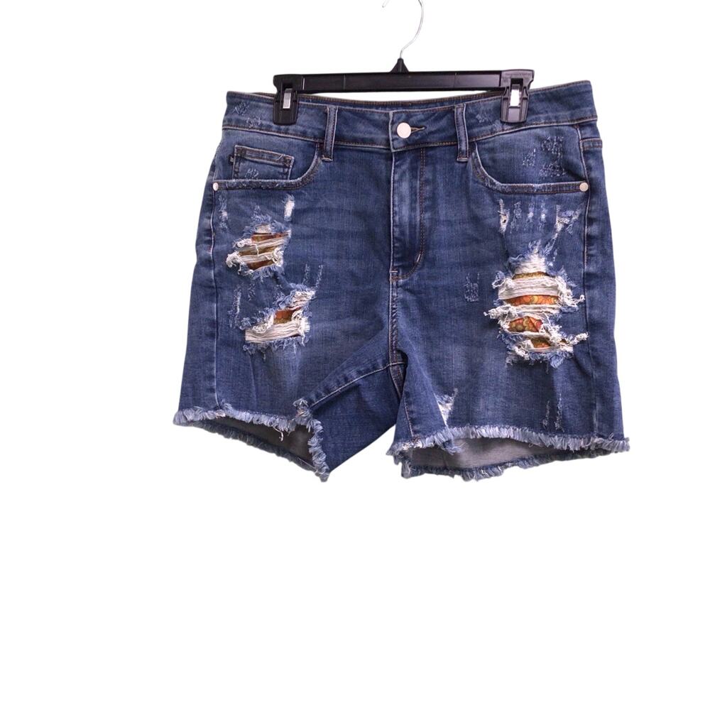 Judy Blue Womens High Rise Floral Distressed Shorts Medium Wash Jeans Size 1X